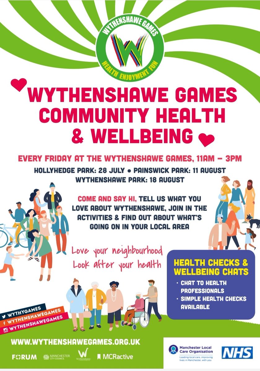 Looking forward to the community health and wellbeing events on Fridays at the Wythenshawe Games! I'll be at Wythenshawe Park on Friday 18th August to discuss the Learning Disability Annual Health Check @HealthySouthMCR @BeWellMcr @MCRActive @wythenshawe_chg @mcrlco #Wythenshawe