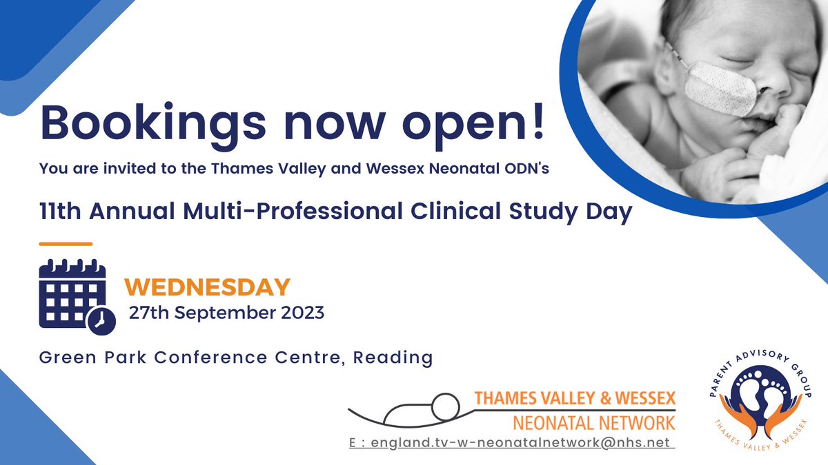 TVWNeonatal's tweet photo. We're delighted to announce that bookings are now open for our #TVWNeonatalStudyDay2023 on Wed 27th Sept 2023 at Green Park Conference Centre, Reading! 
Find out more and book your place today: https://t.co/sRZjjS6lzH https://t.co/7XHRMcRYHf