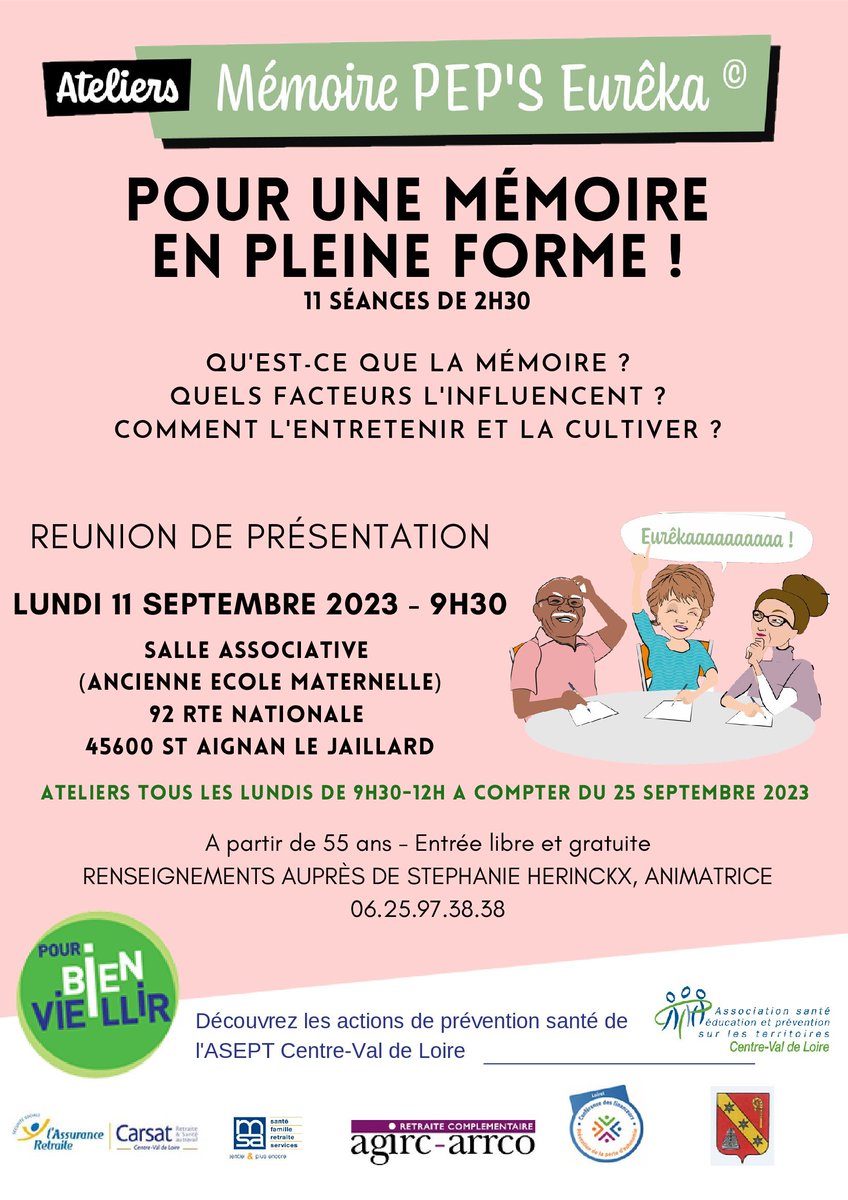 Réunion, éducation pour la santé PEPS Eureka !

📅11/09 à 9h30
📍St Aignan le Jaillard, 92 rte nationale, salle associative

10 séances : travailler sa mémoire à partir du 25 Septembre 2023 à Saint Aignan le Jaillard.
Intéressés ? Inscription via réunion ou au 06.25.97.38.38.