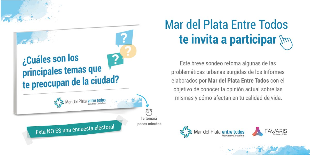 Estamos realizando un Sondeo de Opinión para conocer cuáles son los principales temas que te preocupan sobre la ciudad.

Tu opinión es muy importante 💬

➡Te invitamos a completar y compartir el cuestionario ingresando a mardelplataentretodos.org