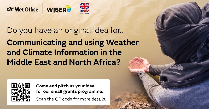 MetOfficeww's tweet photo. Have a great idea to make weather &amp; climate information more accessible in the Middle East &amp; North Africa?💡

#UKaidWISER MENA is looking for projects to transform how weather &amp; climate information is communicated.

Request to pitch by 16 August 🗓️