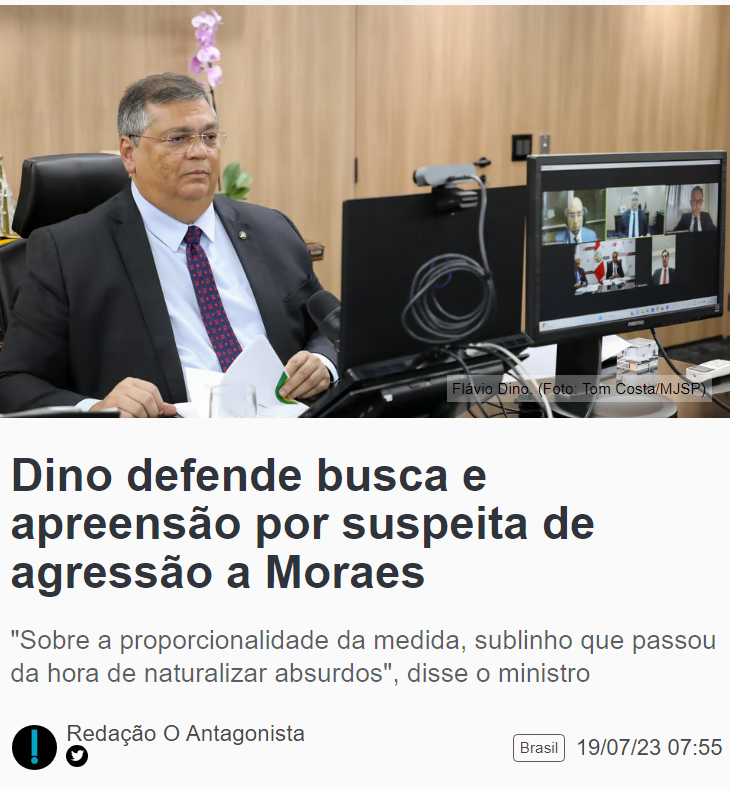 mauad_joao's tweet photo. O argumento do ministro é uma clássica "petição de princípio", falácia que consiste em afirmar uma tese, que se pretende demonstrar verdadeira, já partindo do princípio de que essa mesma conclusão é verdadeira e empregando essa pressuposição em uma das premissas.

Sobre a ausência de foro privilegiado dos investigados, nem uma palavra, até porque não se trata de matéria subjetiva, como a questão da proporcionalidade, mas bastante objetiva, de difícil enfrentamento pela via da simples retórica...

No mais, como a própria matéria do Antagonista deixa claro: "Os comentários de Dino parecem ter o efeito contrário do pretendido. Se a operação expressa da PF fosse de fato tão necessária e justificada, o ministro não precisaria explicá-la e defendê-la."