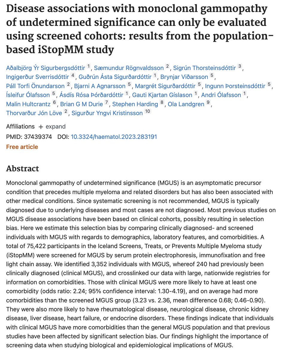 Great work- @iStopMM Patients diagnosed with MGUS clinically have more comorbidities vs MGUS diagnosed through screening Previous associations of some diseases with MGUS (eg osteoporosis) were selection bias rather than biological association! pubmed.ncbi.nlm.nih.gov/37439374/ #mmsm