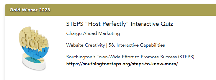 ChargeAheadMktg's tweet image. Congrats to our friends at Southington STEPS! They had a vision to help parents understand how to make safe decisions around #alcohol. We helped make their vision come to life. Now they have a GOLD #dotCOMM award too.

#marketinglife #substanceuseprevention