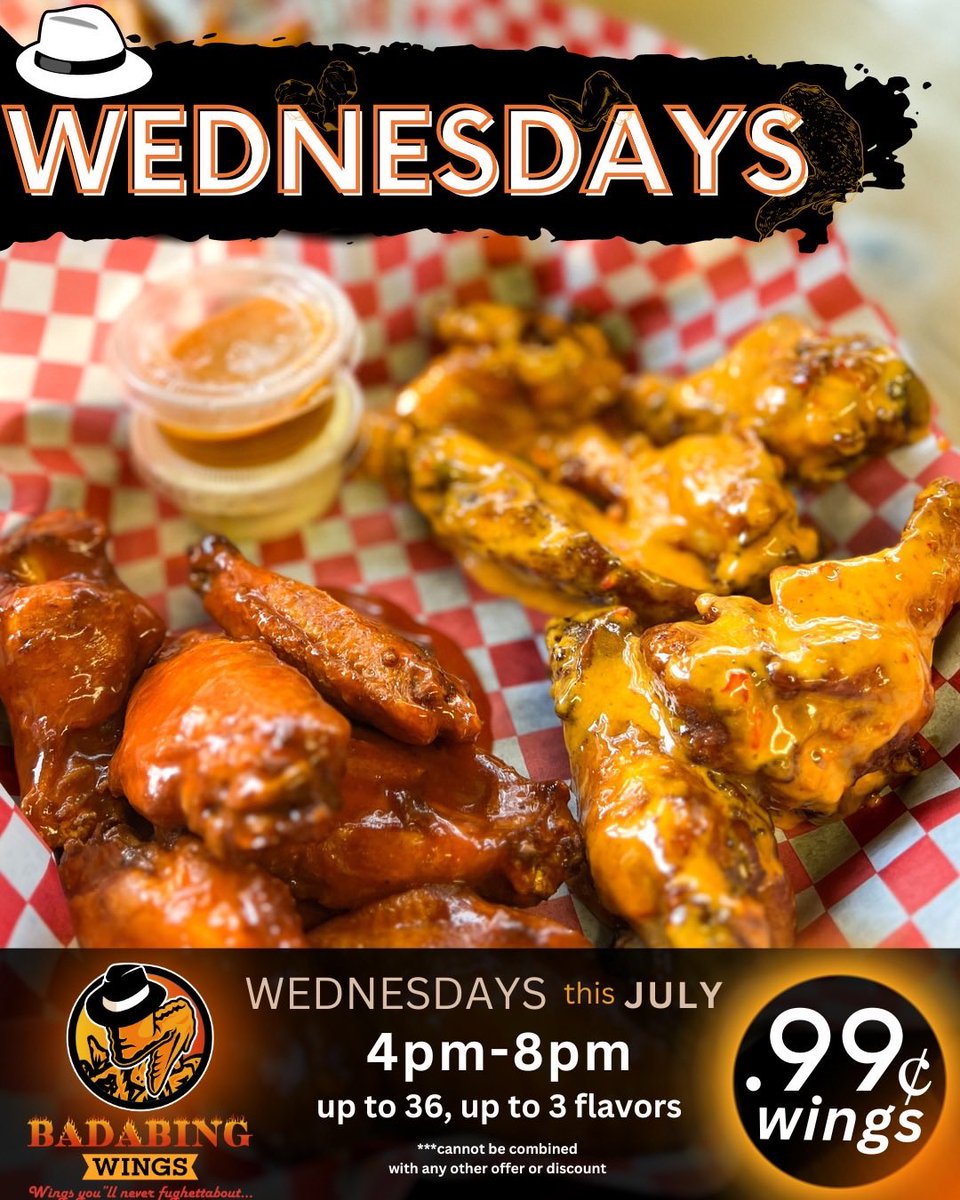 BadabingWings's tweet photo. Hey there, wiseguys and wisedolls! (and anyone in between or outside)
WEDNESDAYS this July get your hands on our signature wings for only .99¢ per wing. It’s a deal that’ll make you feel like a true gangster! 

!!!!MUST MENTION CODE WORD “SCARFACE” UPON ORDERING https://t.co/YGF9Asid7k