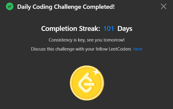 0NOSNA0's tweet photo. Daily Leetcode challenge Tweet:                                                                                       
Day - 101  solved @LeetCode daily challenge  #100DaysOfCode #DSA #codinglife https://t.co/if3bfoOtZM