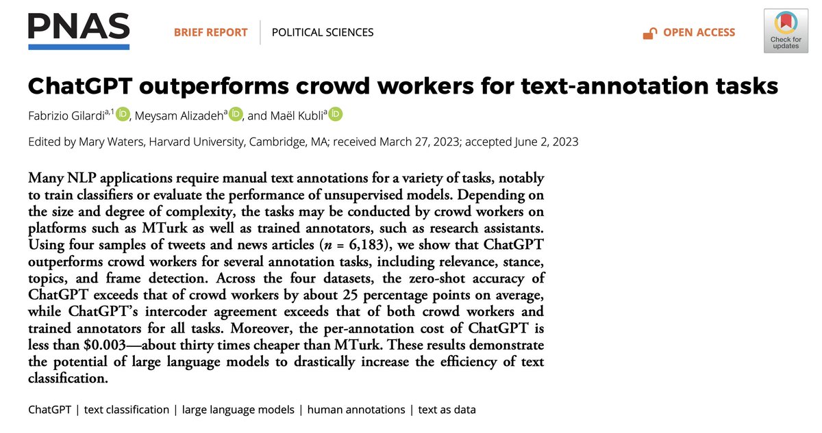 Very happy that our paper 'ChatGPT outperforms crowd workers for text-annotation tasks' is now out at @PNASNews 😀 with @MeysamAIizadeh & @MaelKubli pnas.org/doi/10.1073/pn… #ChatGPT #LLMs