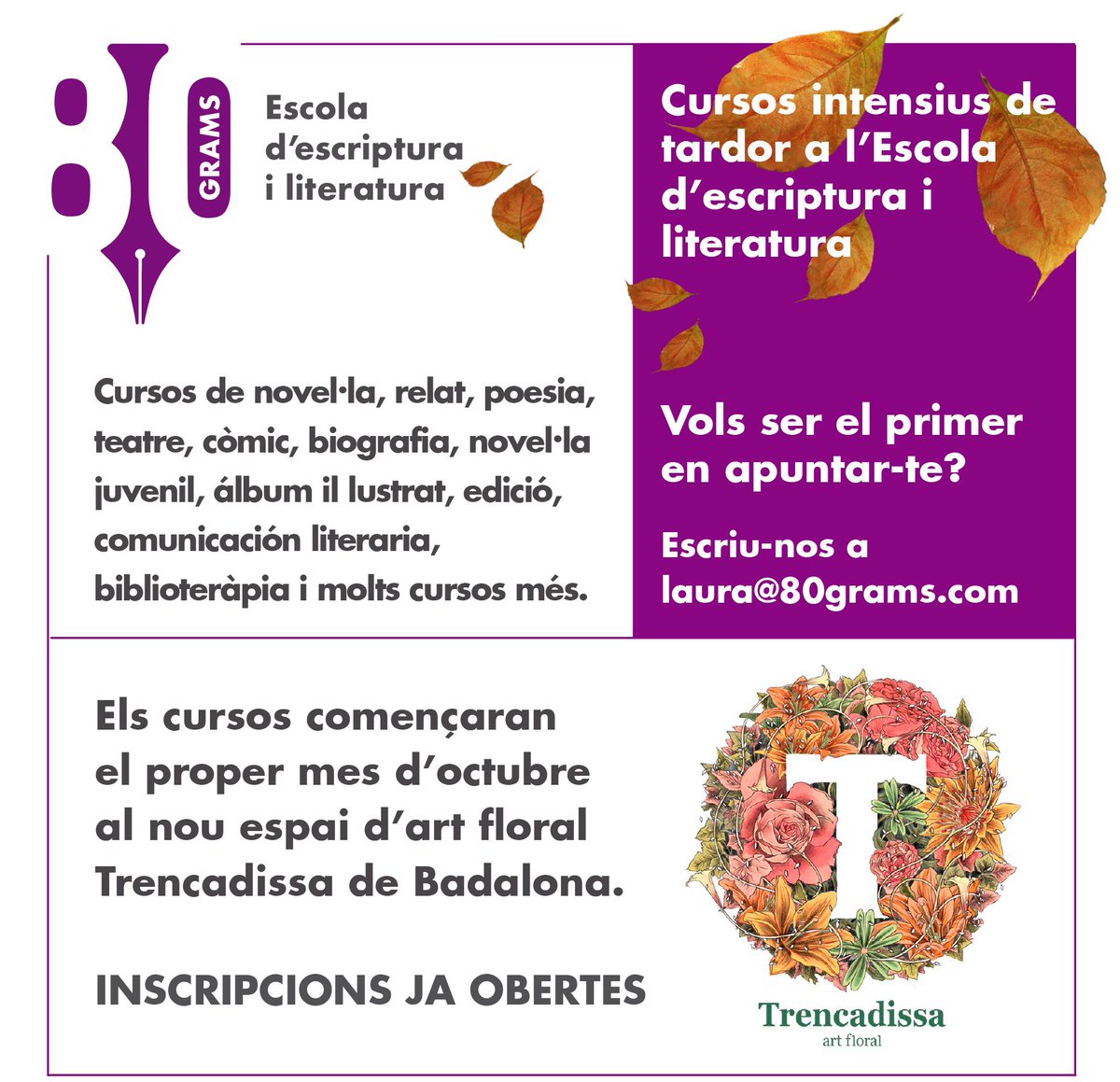 80gramsEscola's tweet photo. Bon dia! 
A @80gramsEscola aquest dies estem treballant molt intensament per preparar tots els #cursosdetardor 

Si vols conèixe'ls, escriu-nos a laura@80grams.com i et farem arribar tota la informació. 

Bon divendres! 
#escriure #escriureabadalona #escolaescripturabadalona https://t.co/e1c6DpbQ0g