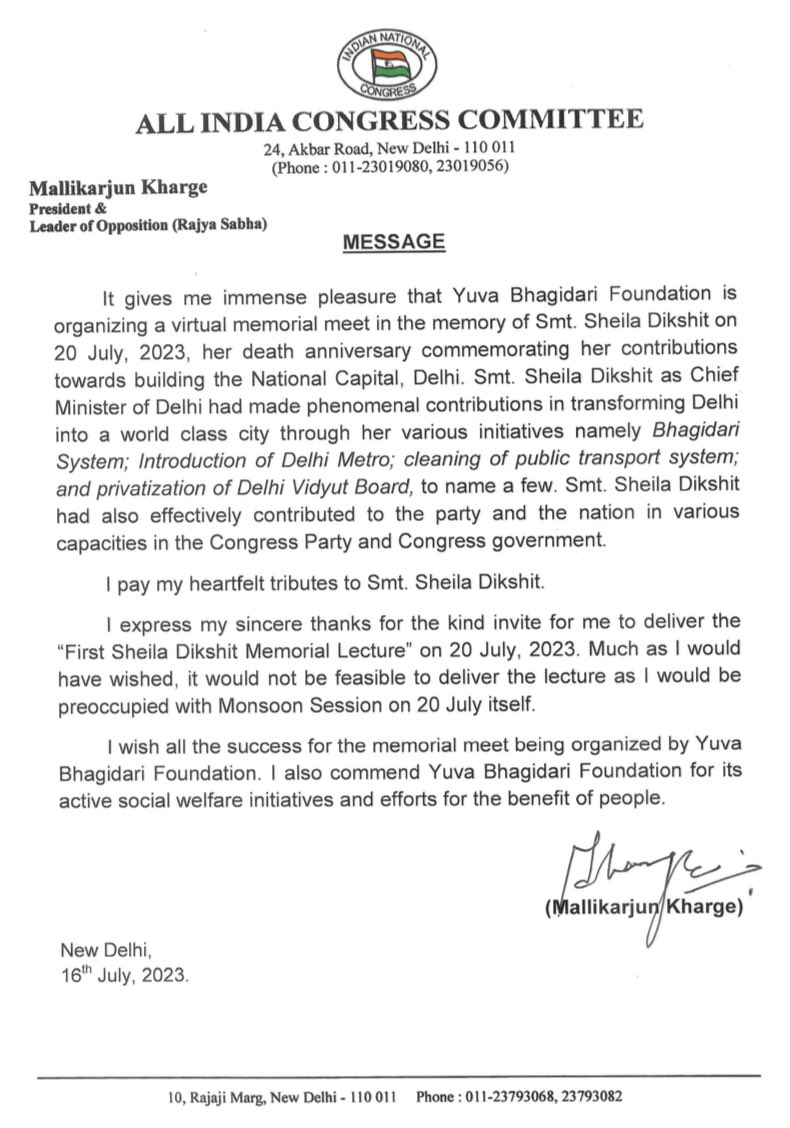 YB_Foundation's tweet photo. Hon’ble Congress President @kharge ji in his message remembering Smt.Sheila Dikshit said “Smt. Sheila Dikshit as Chief Minister of Delhi had
made phenomenal contributions in transforming Delhi into a world class city through her various initiatives”  

#RememberingSheilaJi https://t.co/eXQjPjNSnk