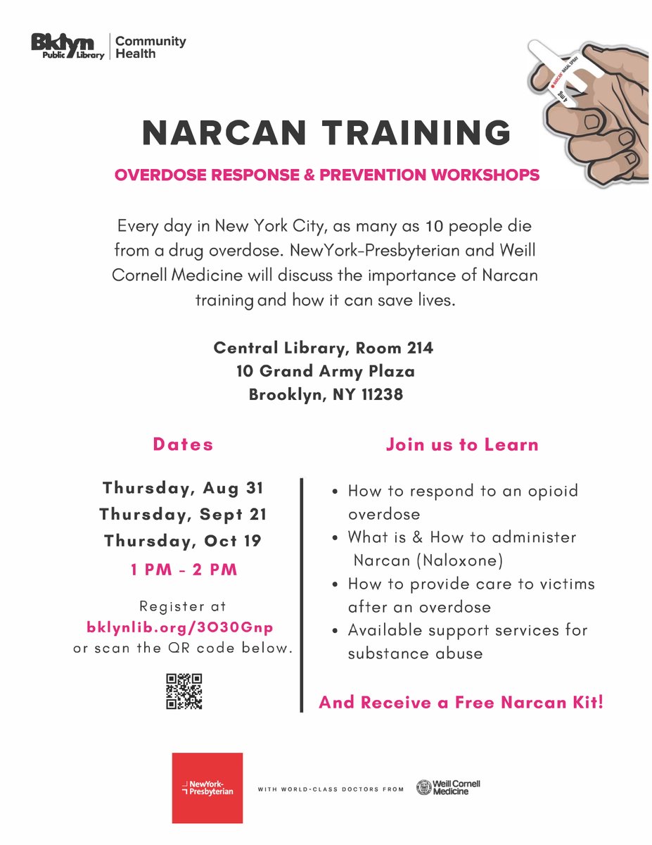 We're coming to the Brooklyn Public Library.
thx <a href="/JonathanAveryMD/">Jonathan Avery</a> and <a href="/WCMPsychiatry/">Weill Cornell Medicine Psychiatry</a> 
Overdose deaths are preventable, learn what you need to do to save a life. 
Free Narcan distribution and training.