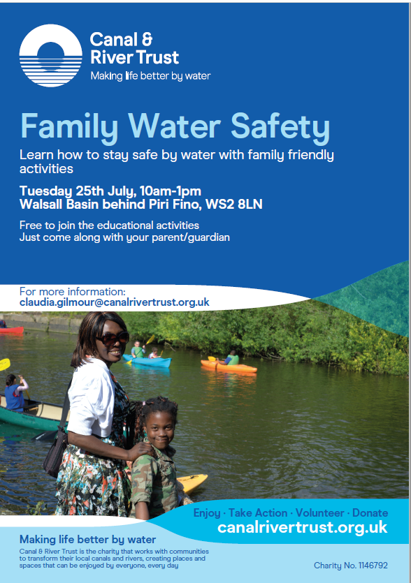 We're holding a family friendly water safety day on Tuesday 25 July at #Walsall Basin as part of #WorldDrowningPreventionDay to highlight to local people how to be safe next to water and along our canals. Come along from 10am - 1pm.
<a href="/WalsallCouncil/">Walsall Council</a> 
<a href="/WalsallAdv/">Walsall Advertiser</a> 
<a href="/WalsallPolice/">Walsall Police</a>