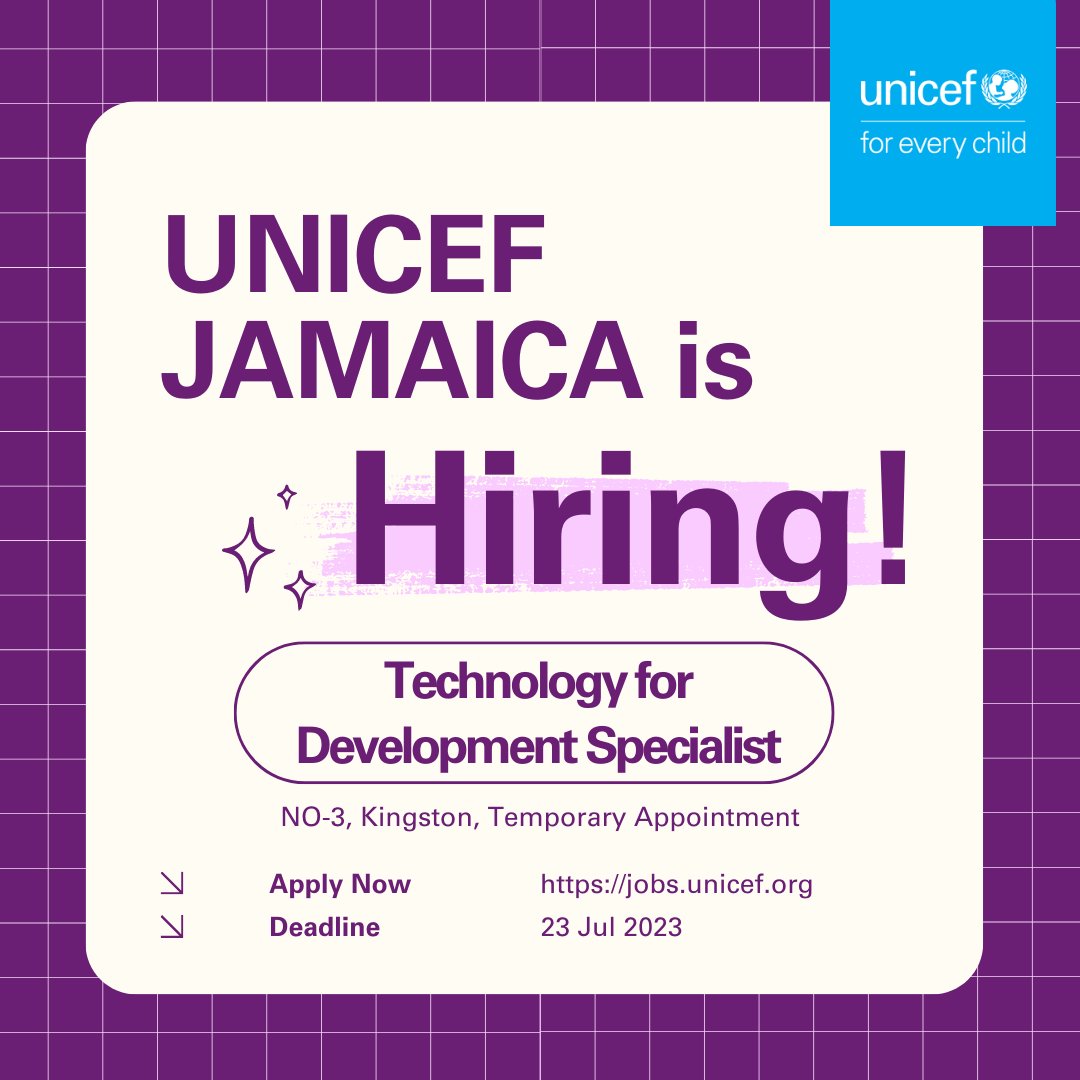 UNICEFJamaica's tweet photo. 📌 We're hiring 📌

1⃣ Digital media/communications officer
2⃣ Tech 4 development expert
3⃣ ICT expert to assist @themohwgovjm 

Apply here 🧑🏿‍💻👉🏿https://t.co/A3FeOI0Xqx https://t.co/WOsmF5xCER