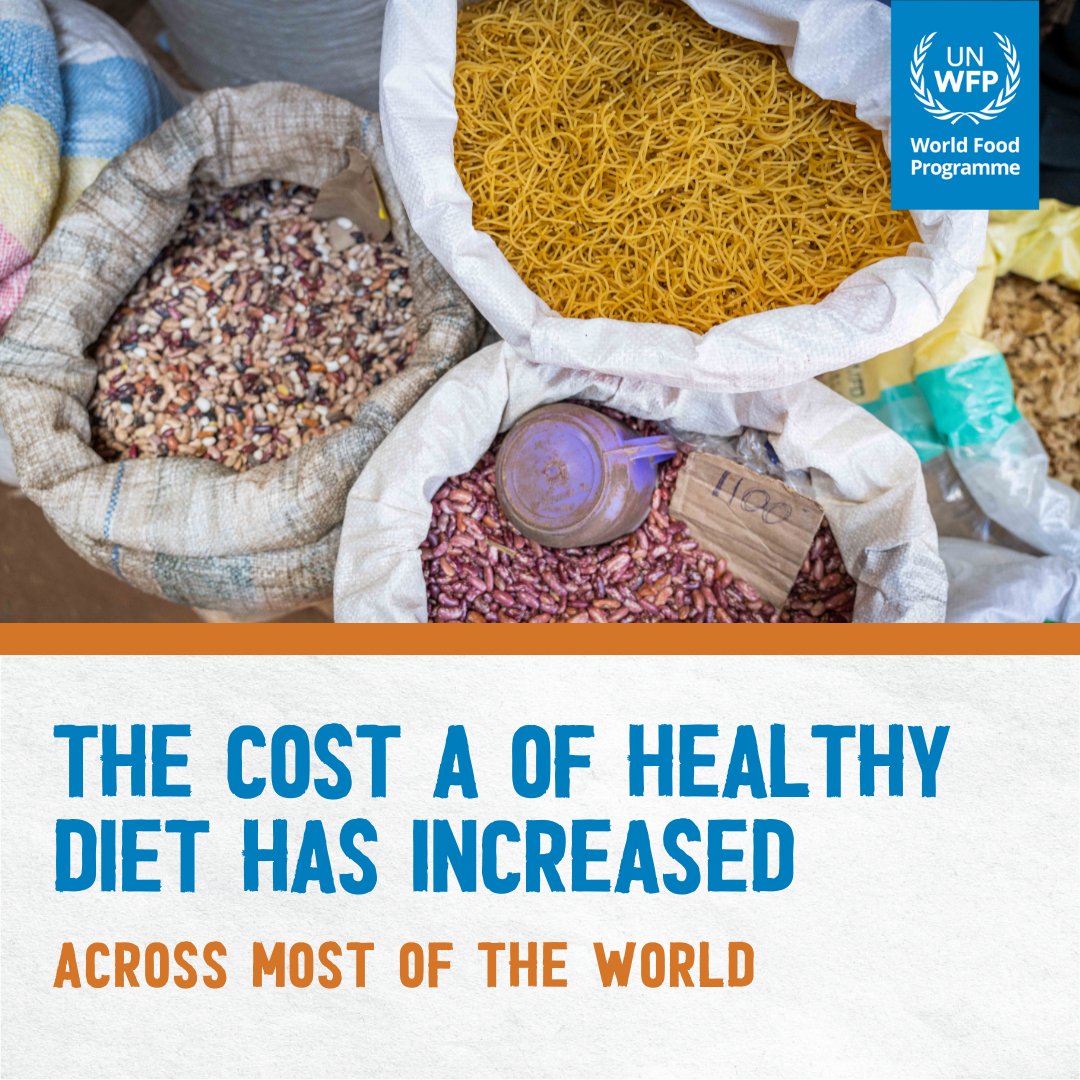 ⚠️The capacity of people to access healthy diets has deteriorated across the world. 

When food prices rise, families struggling financially often drop nutritious foods first from their diets, impacting children, women and girls the most.

New report here🔗wfp.org/news/122-milli…
