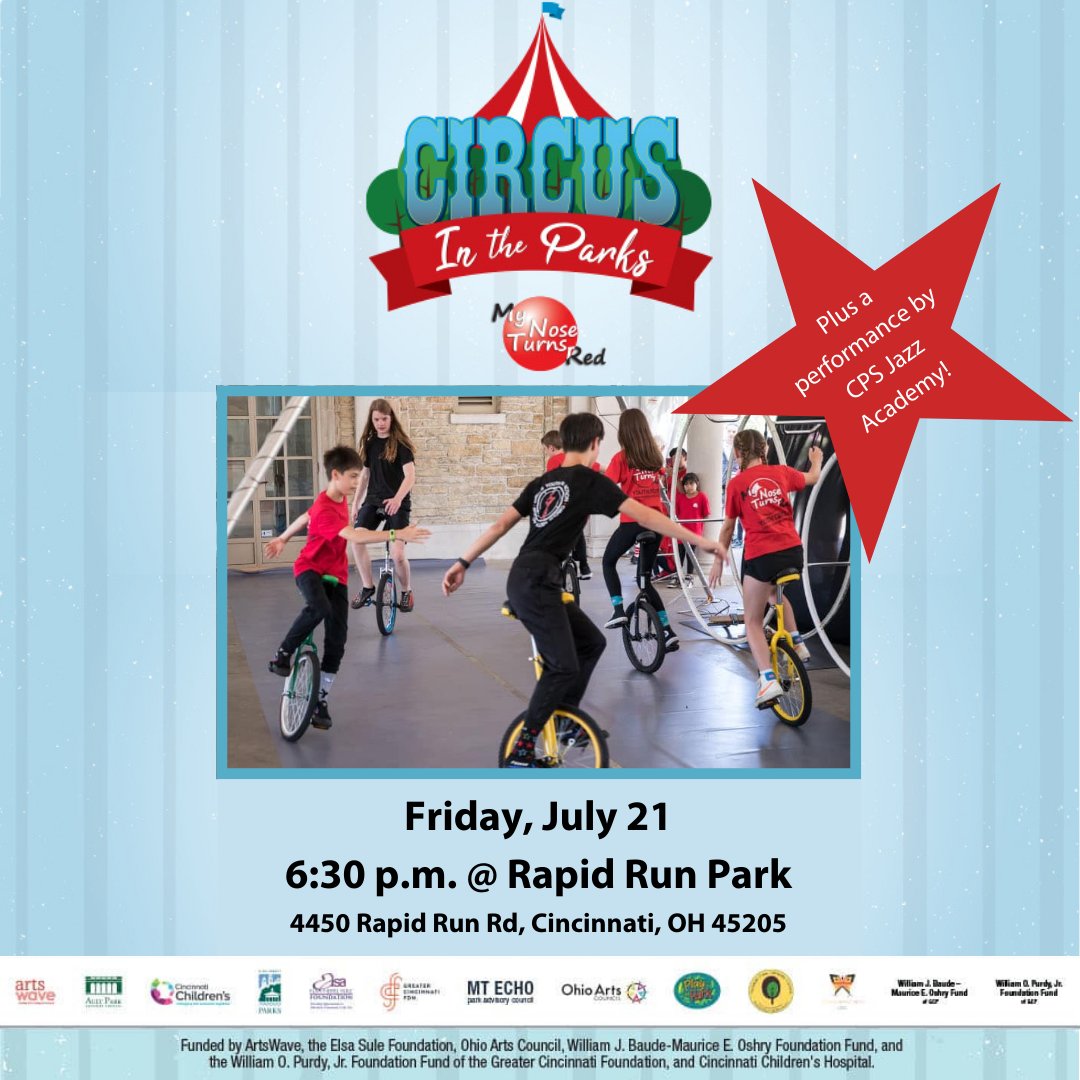 Get ready for an electrifying evening tomorrow at Rapid Run Park (7/21) @ 6:30 pm! My Nose Turns Red Youth Circus @MNTRCircus will be there, showcasing diverse circus skills like unicycling, juggling, diabolo, hooping, wire walking, &amp; gym wheels. +Accompanied by CPS Jazz Academy.