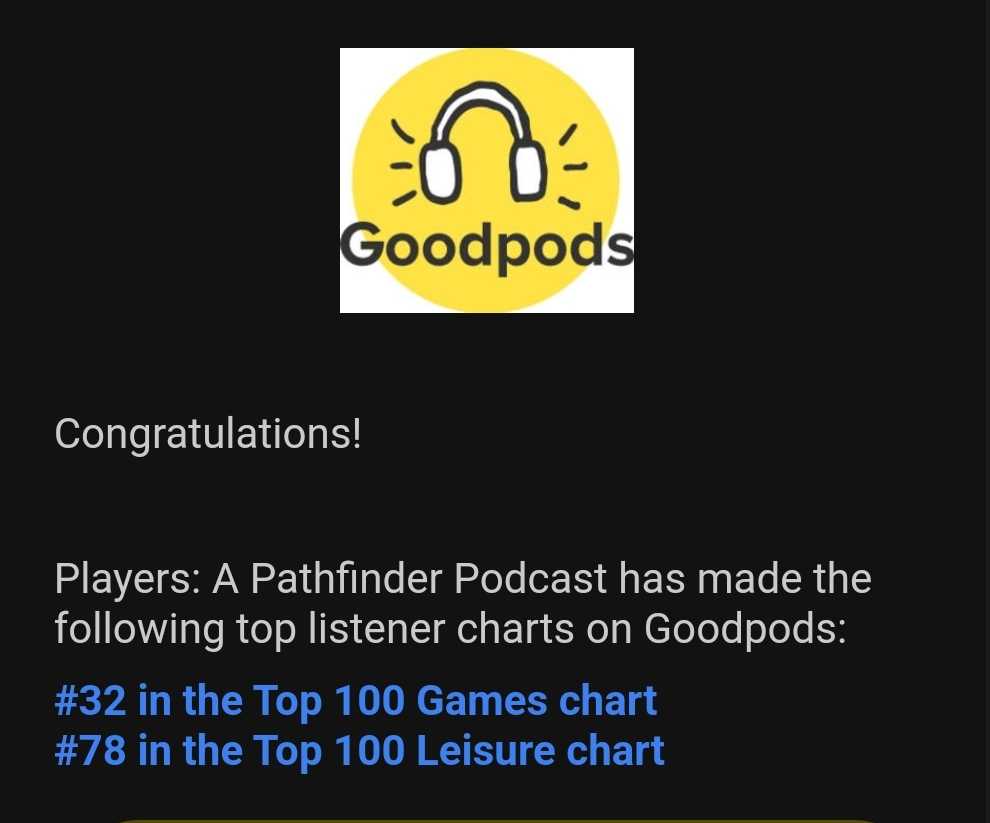 PlayersPathPod's tweet photo. We're #32 in the Games category this week over on @GoodpodsHQ! It's the 2nd week we've been in the top 100 and we're even higher up the list then last time! 

Start listening to our #Pathfinder #Podcast today to find out what you've been missing!

https://t.co/Zsb5F5XDq2 https://t.co/B8MegJD8sR