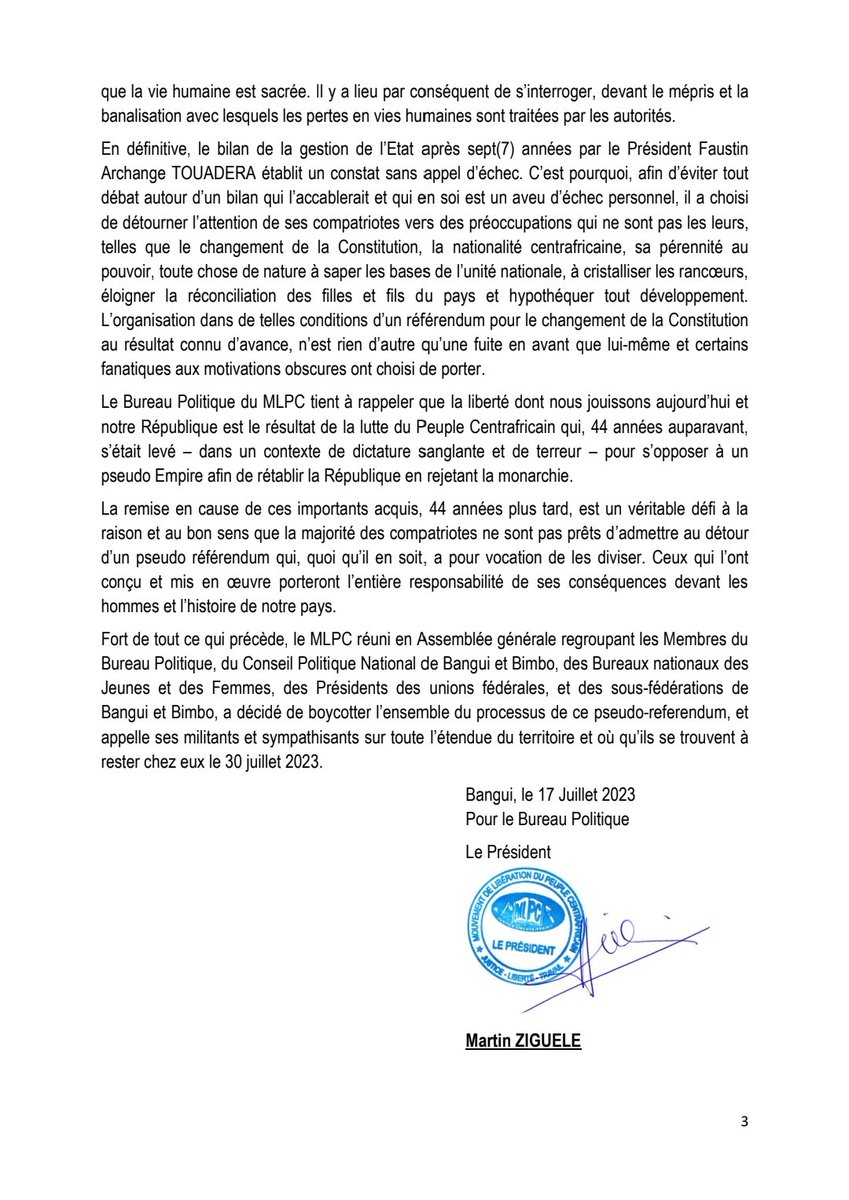 Déclaration du MLPC relative au pseudo référendum du 30 juillet 2023