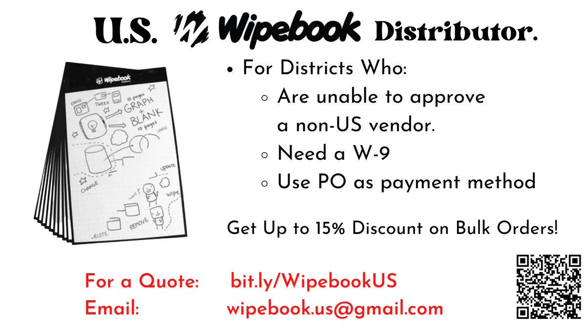 Need @Wipebook's for your class to increase engagement & implement #ThinkingClassroom? Road blocked cuz your district can't approve a non-US vendor or needs a W9? I'm now a U.S. Wipebook Distributor & can process orders (15% off for bulk) #MTBoS bit.ly/WipebookUS