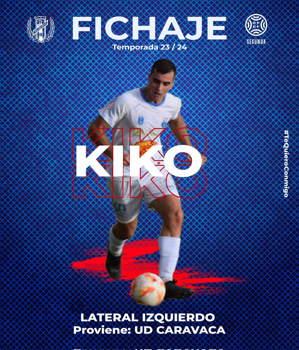 📣 #OFICIAL| 🔵🔴

📝🤝 El noveno fichaje para la 23/24 es 𝗞𝗶𝗸𝗼, lateral izquierdo con mucha velocidad y un futuro muy prometedor 🚀🆙️

🤗 ¡Bienvenido a La Constitución, <a href="/abril_kiko/">Kiko</a>! 🏟

📊 19 años.
➡️ UD Caravaca.
📍 Bullas (Murcia).

#SegundaRFEF 🏆
#TeQuieroConmigo 💙❤