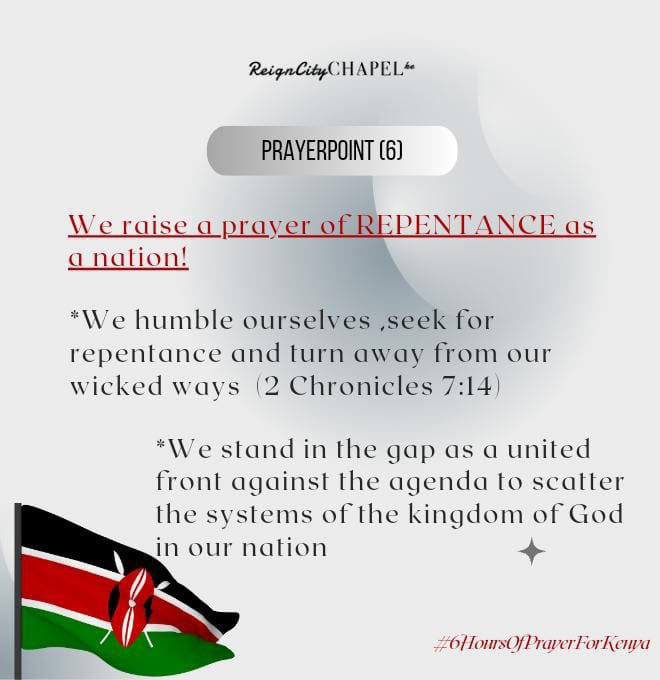 reigncitychapel's tweet photo. #6hrsofprayerforkenya🇰🇪
#MaandamanoWednesdayToFriday 
#RepentanceforKenya
Let us raise a prayer of REPENTANCE as the nation of Kenya🇰🇪 https://t.co/Gk4BGmGGAV