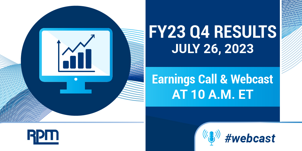 $RPM to release FY23 Q4 and year-end results next week (7/26/23) and host an #earnings call and #webcast at 10 a.m. ET that day: bit.ly/RPM23Q4Results