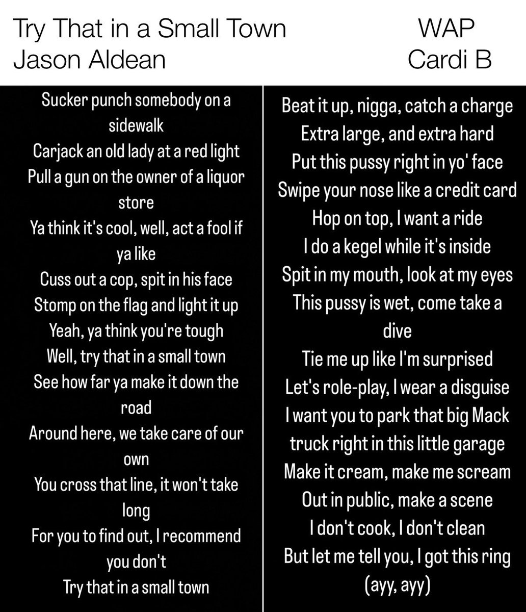 One of these songs got removed because the lyrics were “too offensive” the other song was number 1 on billboard…..wanna guess which is which?