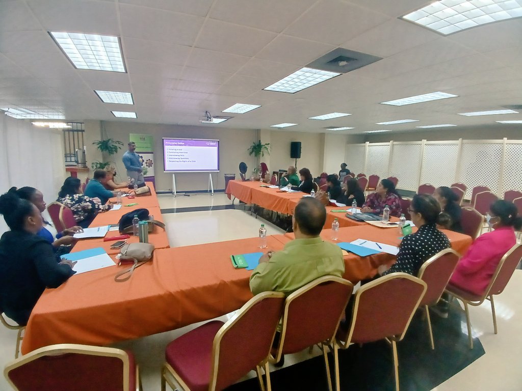 LabourGovTT's tweet photo. Happening Now: Our Labour Inspectors  are being trained on Interviewing Techniques for children  by Officials of the Children's Authority of Trinidad and Tobago @ttchildren_org. This session will assist the Inspectors' investigations of child labour. @tttliveonline @ttgovcomms https://t.co/SV3KkTGcMc
