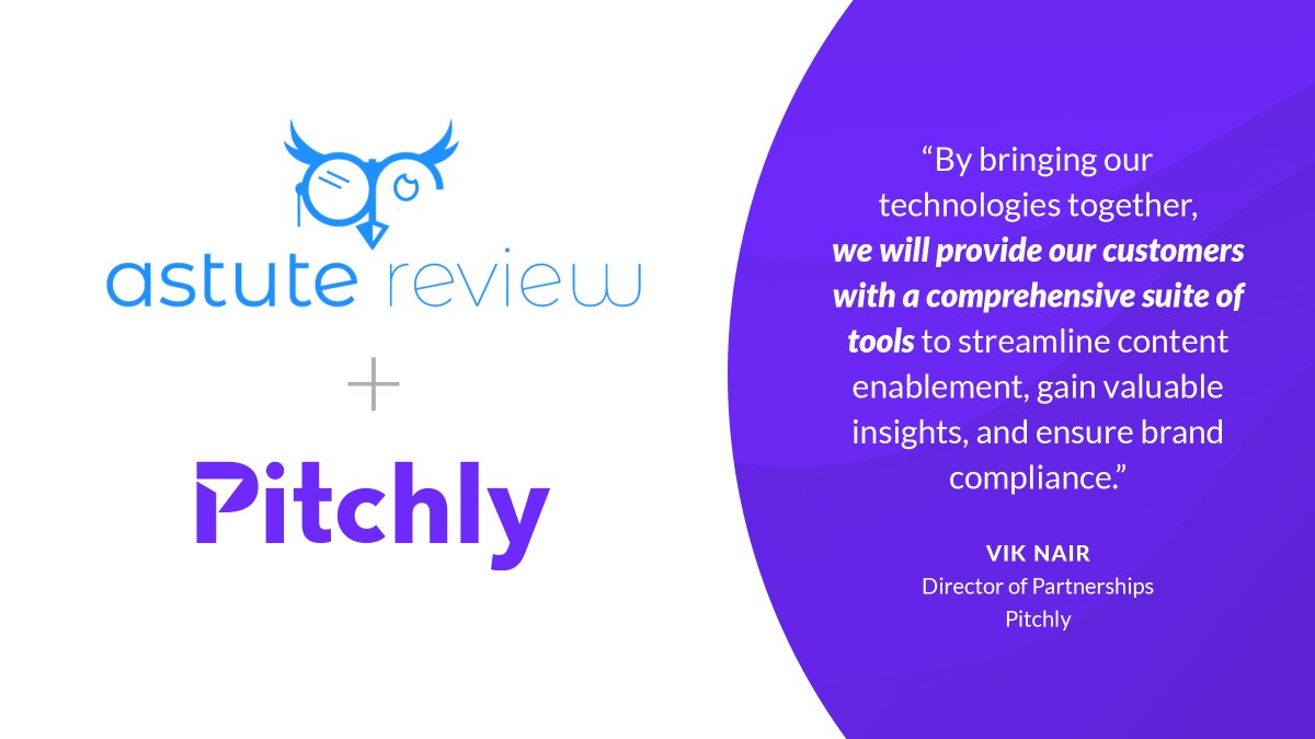 pitchlyinc's tweet image. We&apos;re excited to announce the kickoff of our partnership with Astute Review. Their focus on brand compliance and productivity is a natural fit with our goals here at Pitchly. 

bit.ly/3Ol6sRM

#strategicpartnership #dataenablement #brandcompliance