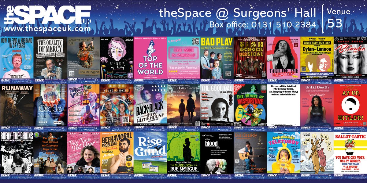 theSpaceUK's tweet photo. "📢 Happy Poster Wednesday! 🎉🖼️ Immerse yourself in the vibrant world of the #EdinburghFringe with a collection of eye-catching posters from Surgeons' Hall. 🎭✨ #PosterWednesday #ArtisticSplendor #EdFringe2023 https://t.co/l0TuA8LuEy