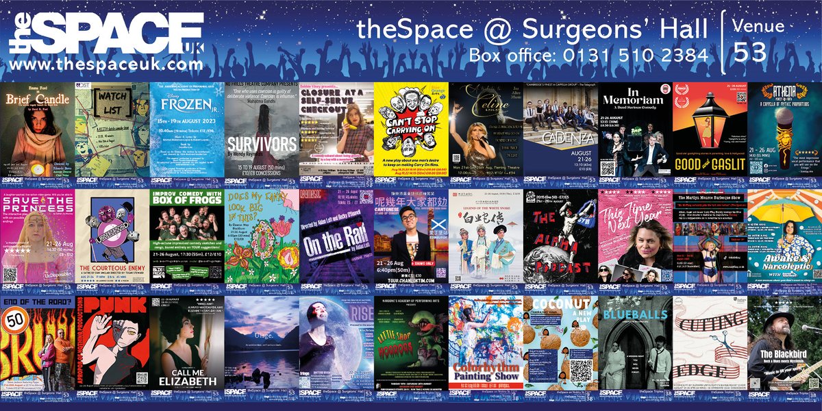 theSpaceUK's tweet photo. "📢 Happy Poster Wednesday! 🎉🖼️ Immerse yourself in the vibrant world of the #EdinburghFringe with a collection of eye-catching posters from Surgeons' Hall. 🎭✨ #PosterWednesday #ArtisticSplendor #EdFringe2023 https://t.co/l0TuA8LuEy