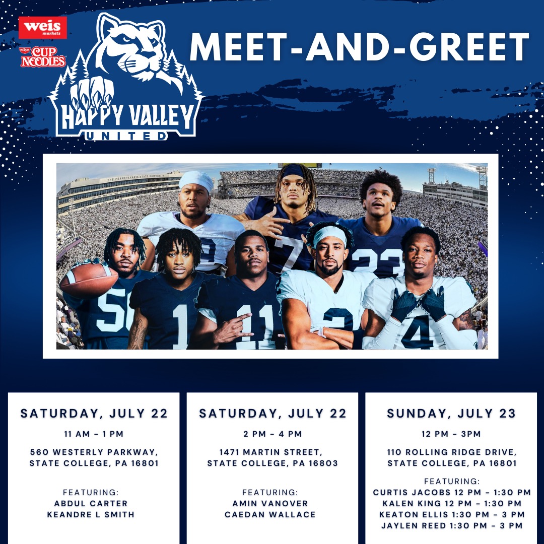 Come meet us at your local @WeisMarkets THIS WEEKEND‼️ Our @PennStateFball student-athletes will be giving out schedule posters, signing autographs and taking pictures — see you there🤩 #WeAre | #HappyValleyUnited #NIL