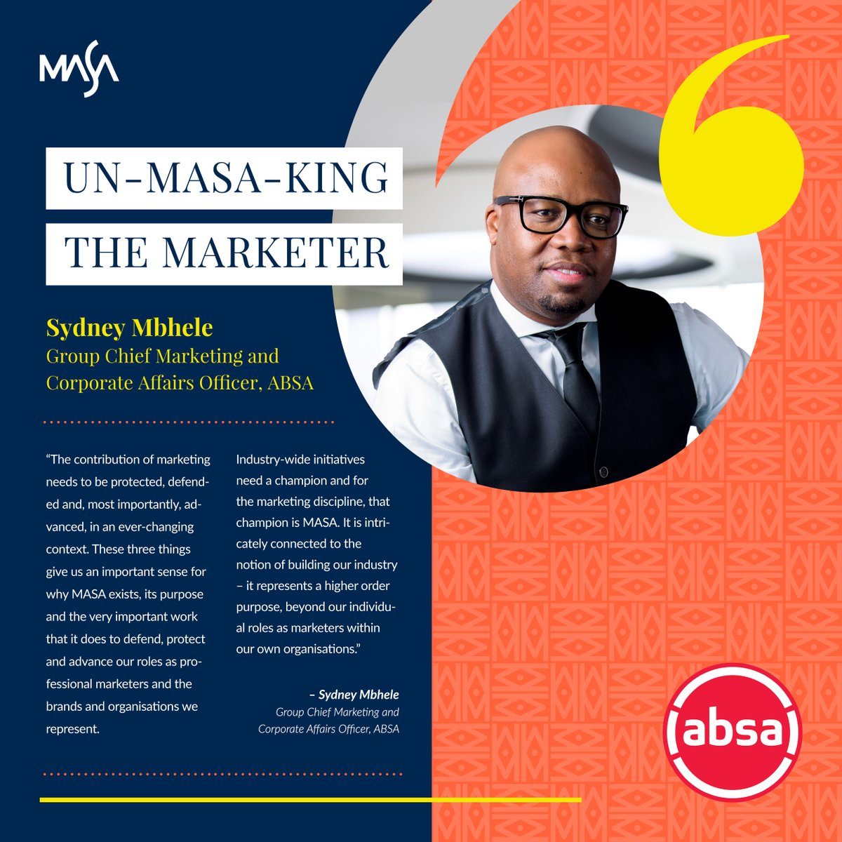 Sydney Mbhele, Group Chief Marketing and Corporate Affairs Officer at @Absa, believes corporate members of #MASA together can defeat the Goliath’s of the industry. To be inspired by industry leaders and to advance our industry, #JoinMASA: marketingsa.co.za #SupportMASA