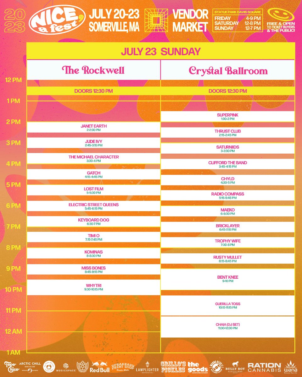 For all the planners in the bunch, here are the set times for all the performances for this year's @niceafest happening at the Crystal Ballroom and @RockwellThtr Thursday through Sunday. See you there! It'll be nice. 🙂