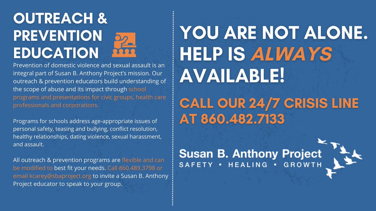 SBA_Project's tweet image. Click through to learn more about our services 💙💜 24/7, free, and always confidential @CCADV

#safetyhealinggrowth #SBAP #domesticviolenceawareness #sexualassaultawareness #NorthwestCT
