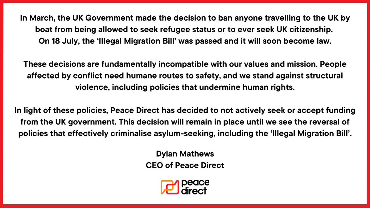 peacedirect's tweet photo. As a #peacebuilding charity, we know that violent conflict drives people from their homes. It is crucial that people fleeing violence have legal and humane routes to safety. 

We stand against the #UK's #IllegalMigrationBill.

Read the statement from our CEO @Dylan_Mathews: https://t.co/JCxb93atgf