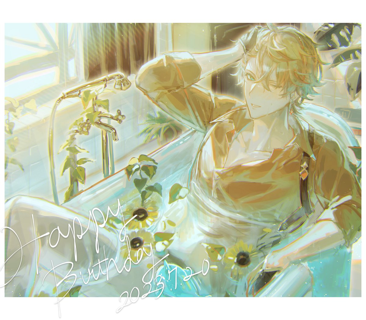 tartaglia (genshin impact) bathtub 1boy male focus shirt solo one eye closed single earring  illustration images