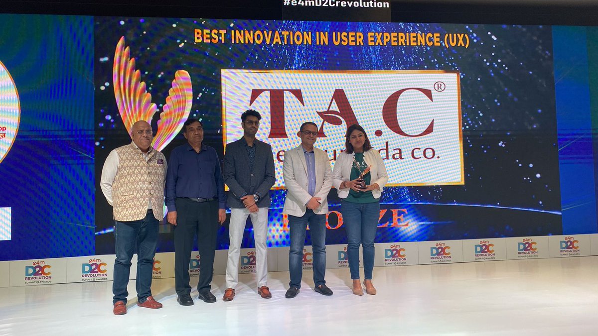 e4mevents's tweet photo. Heartiest Congratulations @TheAyurvedaCo_ on winning the #e4mD2CRevolution Wing Trophy 2023π
Category - Best Innovation In User Experience ( UX)
Metal - BRONZE
Cheers to this one and many more to comeππ
#e4mawards #d2cbrands #d2cindia #d2cinnovation https://t.co/yNyWSp6FrJ