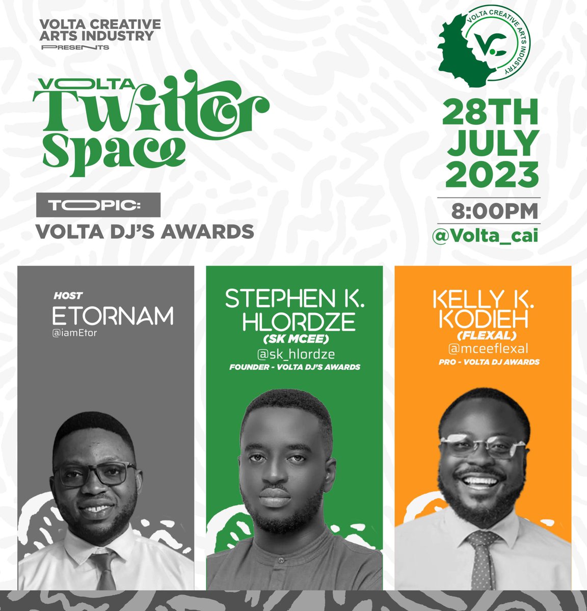 Join  @sk_hlordze and @mceeflexal on  @Volta_CAI tomorrow at 8 pm as they discuss @voltadjawards Nominee’s Jam happening at Abor Home Bar on Saturday. 
#LetTheMusicPlay #VDJA23

twitter.com/i/spaces/1ypKd…
 twitter.com/i/spaces/1OyKA…
