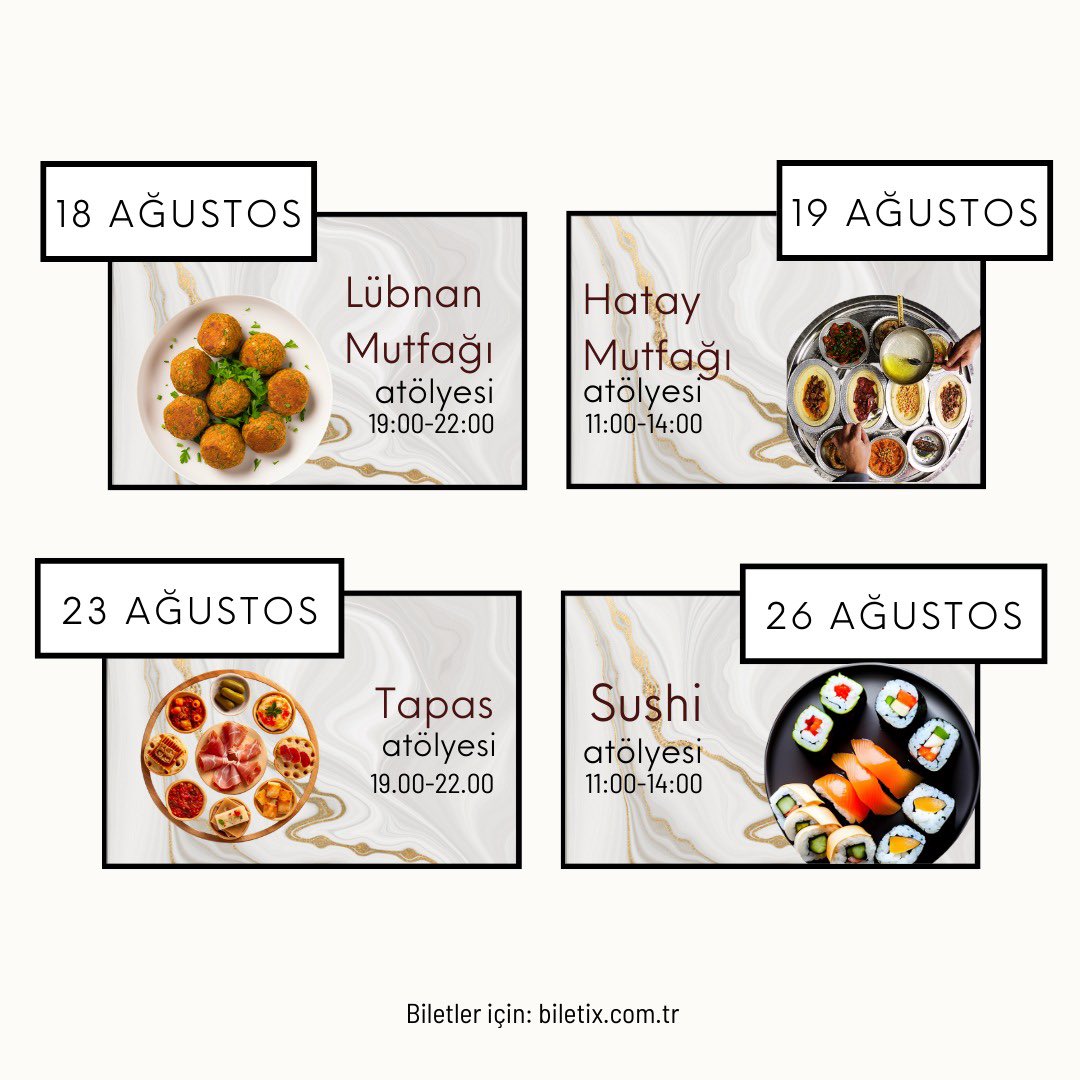 CookingClassA's tweet photo. Ağustos ayında Cooking Class Academy'de mutfakta dolu dolu bir program sizleri bekliyor! Bu ay, birbirinden lezzetli tariflerle dolu atölyelerimizle sizleri mutfakta bir keşfe davet ediyoruz. Kayıt detaylı bilgi için bize DM yoluyla ulaşabilirsiniz. #CookingClassAcademy https://t.co/7JXZOt72we