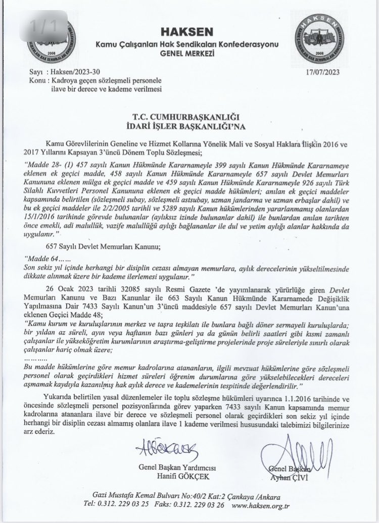 ayhancivi's tweet photo. Kadroya geçen ve 1.1.2016 tarihinde fiilen görevde bulunan sözleşmeli personele;
✅ ilave 1 derece 
✅ her 8 yıla birer kademe 
verilmesi talebimizi Cumhurbaşkanlığı’na  ilettik. https://t.co/Pj25FfZFZV