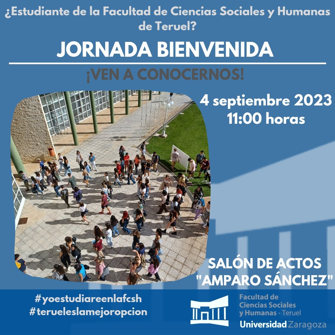 4 de septiembre, a las 11.00. Jornada de bienvenida estudiantes de nuevo ingreso Grados de la FCSH
¡TE ESPERAMOS!
<a href="/unizar/">Universidad Zaragoza</a> <a href="/coestuz/">CEUZ</a> #Teruel #yoestudiareenlafcsh #terueleslamejoropcion #ADETeruel <a href="/adeteruel/">ADE Teruel</a> #BBAATeruel #InfantilTeruel #PrimariaTeruel #PsicologiaTeruel #giiade