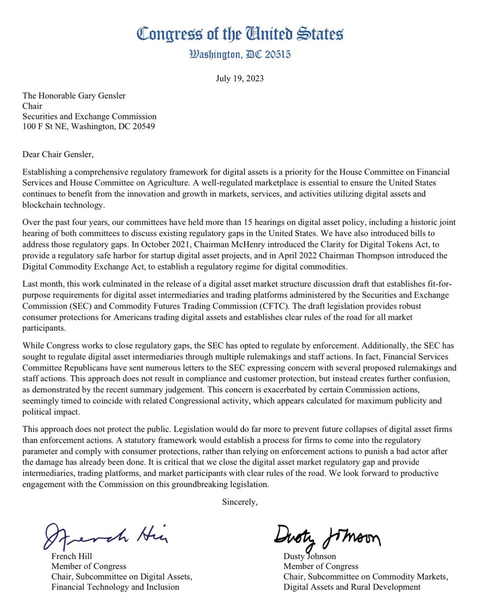The SEC cannot continue to regulate by enforcement. The lawsuits filed against digital asset firms are not protecting the public and are stifling innovation and growth.

My letter to SEC Chair Gensler ⬇️
