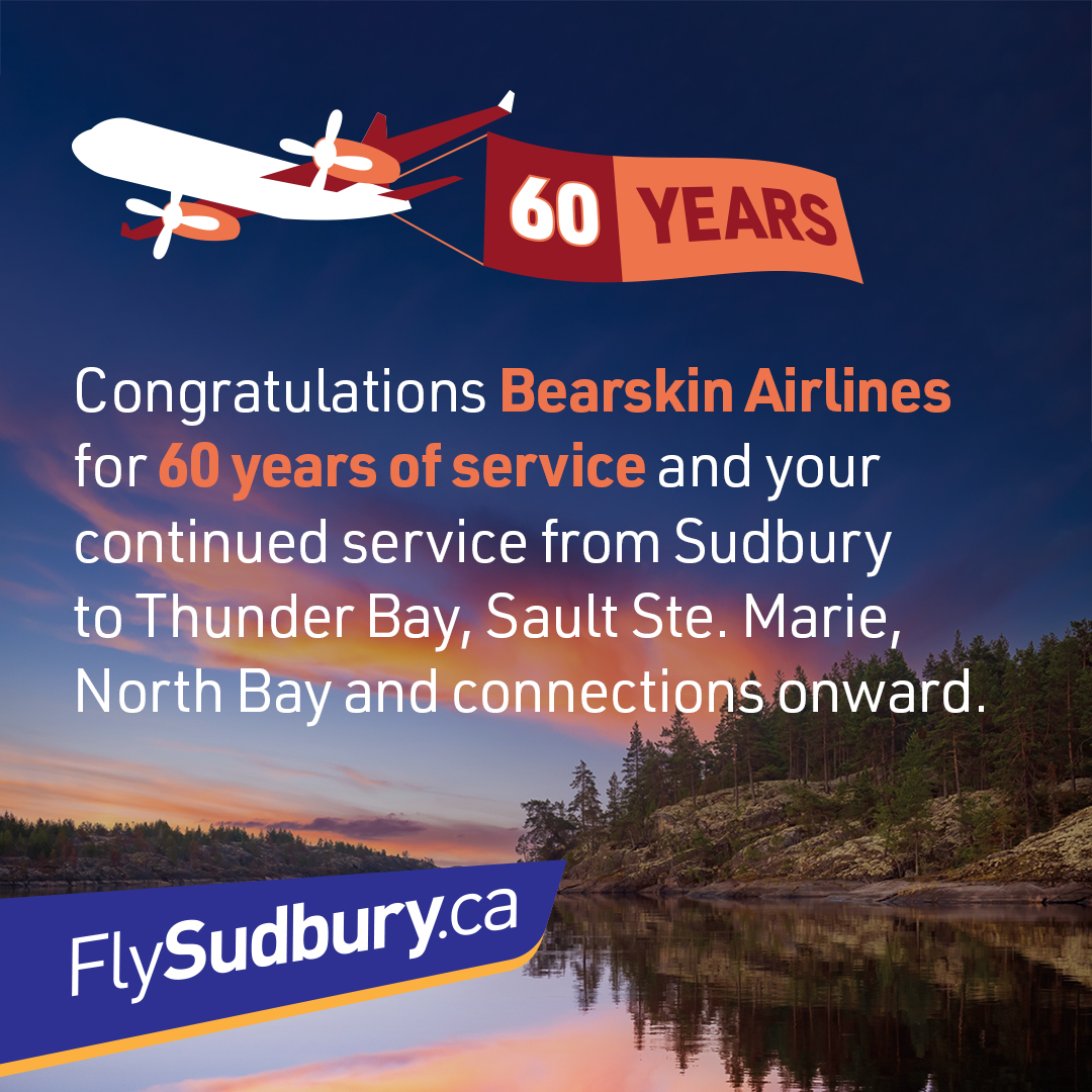 It’s a milestone anniversary for the Bear! 🎉🛩️
This year, Bearskin Airlines is celebrating its 60th anniversary as it continues to serve communities across Northern Ontario. Congratulations, <a href="/BearskinAirline/">Bearskin Airlines</a>!
#YSB #FlySudbury #BearskinAirlines #LetTheBearTakeYouThere