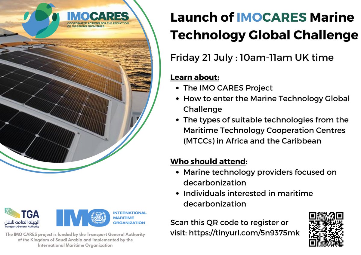 IMOHQ's tweet photo. Register to attend IMO Cares's big Global Challenge on 21 July 2023. The Technology Global Challenge aims to provide decarbonization solutions for ports and/or vessels under 5,000gt located in Africa and the Caribbean. Scan below to register. #IMOcares #MaritimeTechnology https://t.co/v99CmWZ6ms