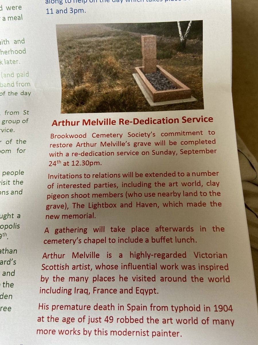 ⁦@lachlangoudie⁩ Lachlan, I’m 1/2 way through yr fab book, just read about Arthur Melville then coincidentally read this in the newsletter from Brookwood Cemetery Soc.