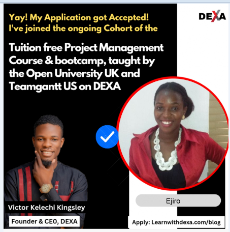 Ejay4u's tweet photo. Excited to announce my enrollment in the tuition free Project Management course taught by The Open University UK and TeamGantt. I applied through
https://t.co/bVDSpMti43
Bracing myself for a journey of learning &amp; growth as an emerging project manager @LearnwithDEXA #LearnwithDEXA https://t.co/6CHVeoUpWa