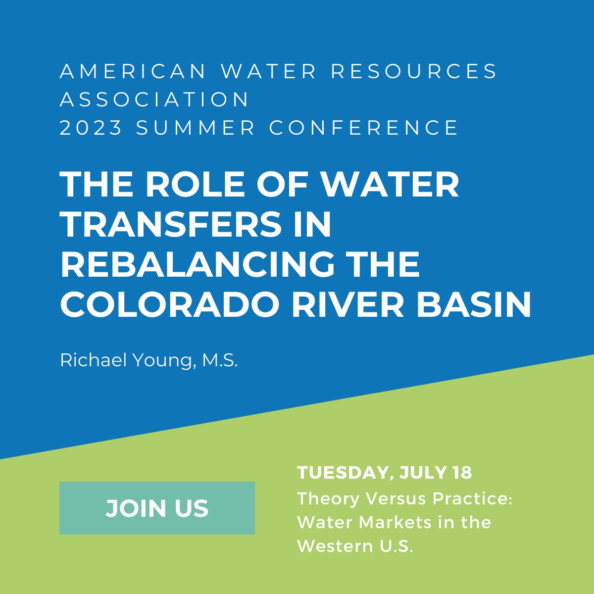 ERA_Economics's tweet photo. Water transfers play an important role in rebalancing supplies and demands in the Colorado River Basin, from local to federal levels. We were honored to present on the variety of transfers in the #CRB at the @AWRAHQ Summer Conference. #ColoradoRiver https://t.co/tO1cYeZYdI