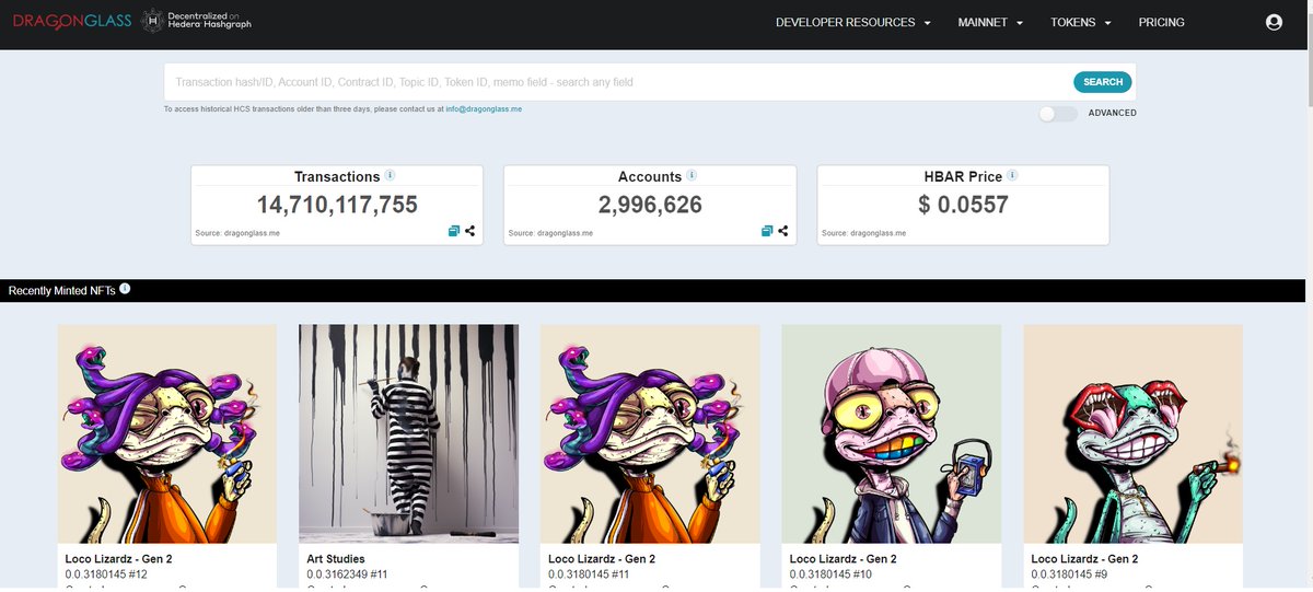 "The NFT community in Hedera is really busy minting creative NFTs! 🎨 DragonGlass home page now displays the latest NFTs minted in addition to stats. #hedera #NFTs #hellofuture dragonglass.me