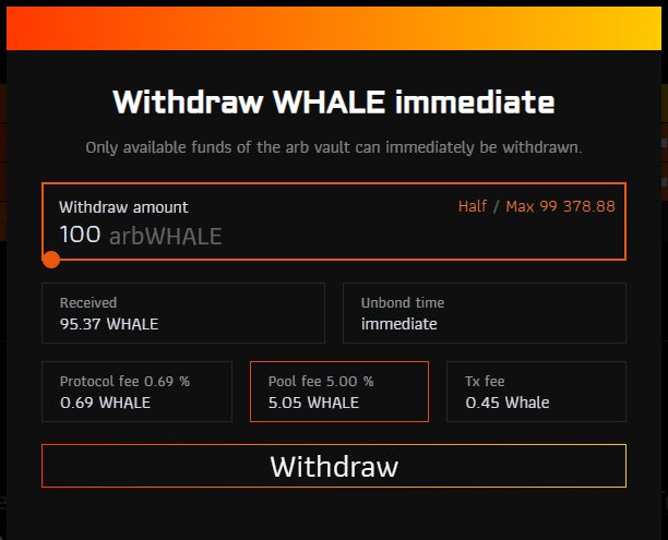eris_protocol's tweet photo. 6/ Withdrawing from the Vault ⛔
2⃣ Withdraw: When there is enough liquid $WHALE in the vault a user can immediately swap #arbWHALE to $WHALE with a 5% penalty fee which remains in the vault pool, boosting the APY of other depositors
The 0.69% withdrawal fee also applies. https://t.co/fpjGoeIf1c