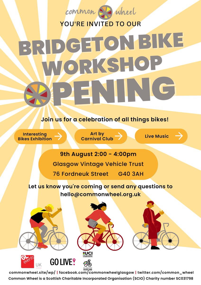 We are excited to invite you to the opening event for our Bridgeton bike workshop! Join us for an afternoon celebrating all things bikes 🚲there will be music, art and loads of bikes! 🚴‍♂️ When? 9th August 2-4pm 🚴‍♀️Where? Glasgow Vintage Vehicle Trust, 76 Fordneuk Street G40 3AH
