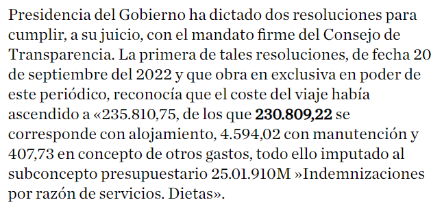 FroilLannister's tweet photo. Pedro Sánchez ha estado intentando ocultar desde hace 2 años los detalles de un viaje que realizó, sin agenda política ni resultados conocido alguno, por Estados Unidos en julio de 2021. Hizo el viaje junto a 37 personas, para los que movilizó el Falcon, donde viajaba él, y un Airbus A310 para el séquito, supongo. En total utilizó ambos aviones en 11 desplazamientos durante su periplo.

La Audiencia Nacional le ha obligado a dar más detalles y poco a poco y a regañadientes, los está soltando.

Sabemos que estuvo en 3 hoteles, un total de 4 noches, en Nueva York, Los Ángeles y San Francisco y que la factura de dichos hoteles fue de 230000 €. 57500€ por noche. Es decir, a 1554€ por noche y persona. Salió baratito el alojamiento ¿verdad?

Cosa curiosa es que entre el personal que se llevó durante 4 días, se llevó 4 personas de personal sanitario y sigue ocultando la identidad de parte de sus acompañantes, alegando que no eran personal del gobierno.

Recopilemos: El Presidente más transparente, humilde y ecologista del mundo se fue de viaje a EEUU sin que sepamos a qué acuerdos llegó o para qué sirvió, ni con quién fue, usando 2 aviones del Estado, uno de ellos un Airbus A310 y se alojó en hoteles de lujo, a razón de 1554€ por noche y persona.

Vota sanchismo.